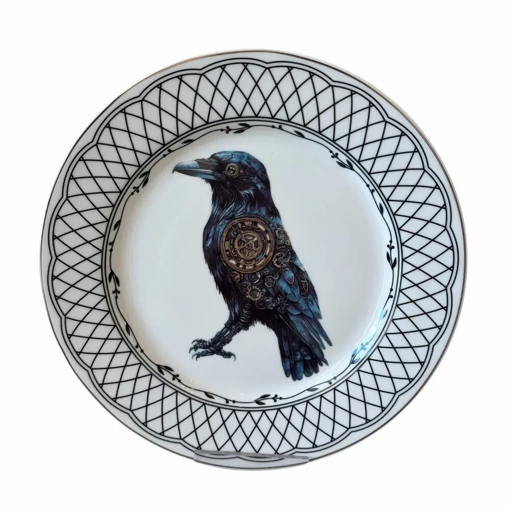 Grace Teaware RAVEN TRELLIS Ceramic Halloween Plates 8in Ceramic Set of 4 NEW